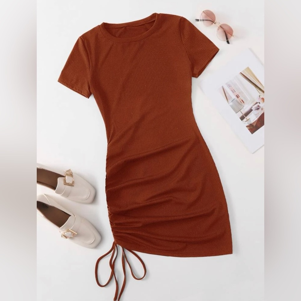 Rustic color drawstring ruched side bodycon dress